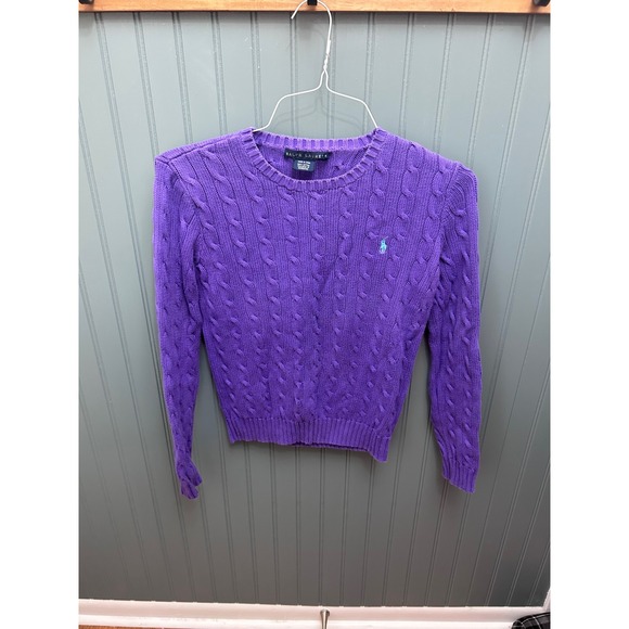 Ralph Lauren Womens Purple Cable Knit Cotton Crewneck Sweater Pony Logo Size M